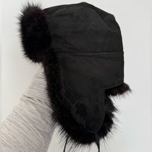 Vintage Black Real Fur Hat - with suede top - Trapper hat